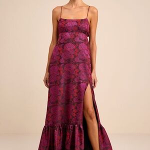 Lulus Jasiel Burgundy Jacquard Lace-up Tiered Maxi Dress - Size S